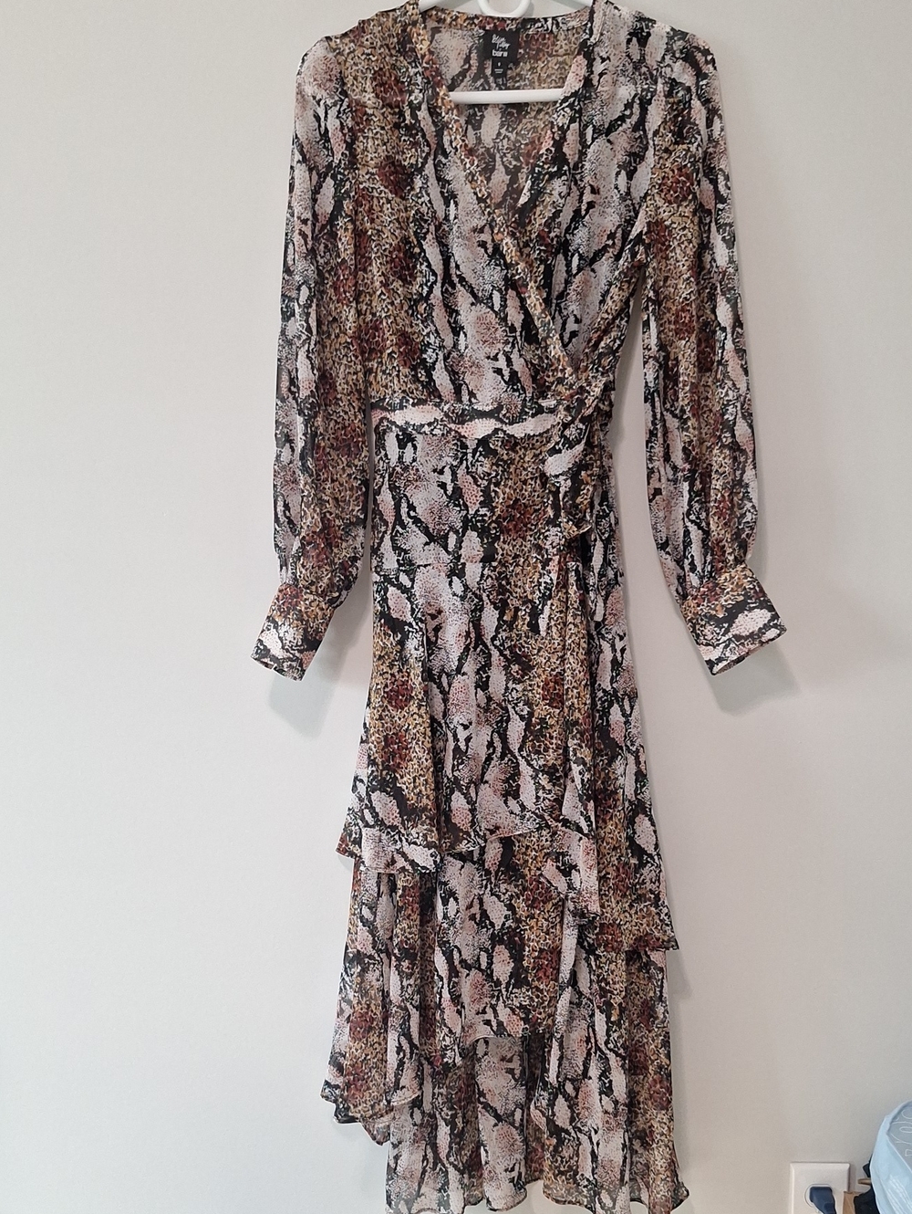 Bar III Long-Sleeve Wrap Maxi Dress in Pink, Brown and Black Snake Print